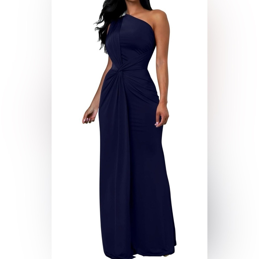 Elegant Navy Long Maxi Dress Bridesmaid Cocktail One Shoulder Sleeveless Dress